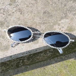 Retro Silver Oval Shaped Metal Rhinestone Embellished Sunglasses OS New